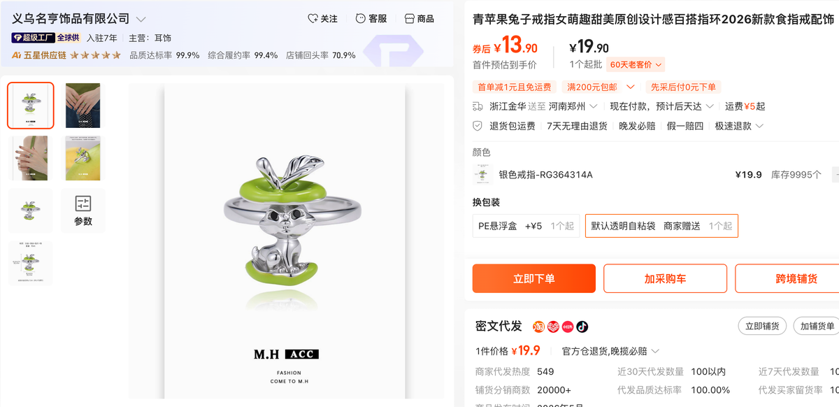 Apple Bunny Ring – Cute Green Apple & Rabbit Ring in Gold