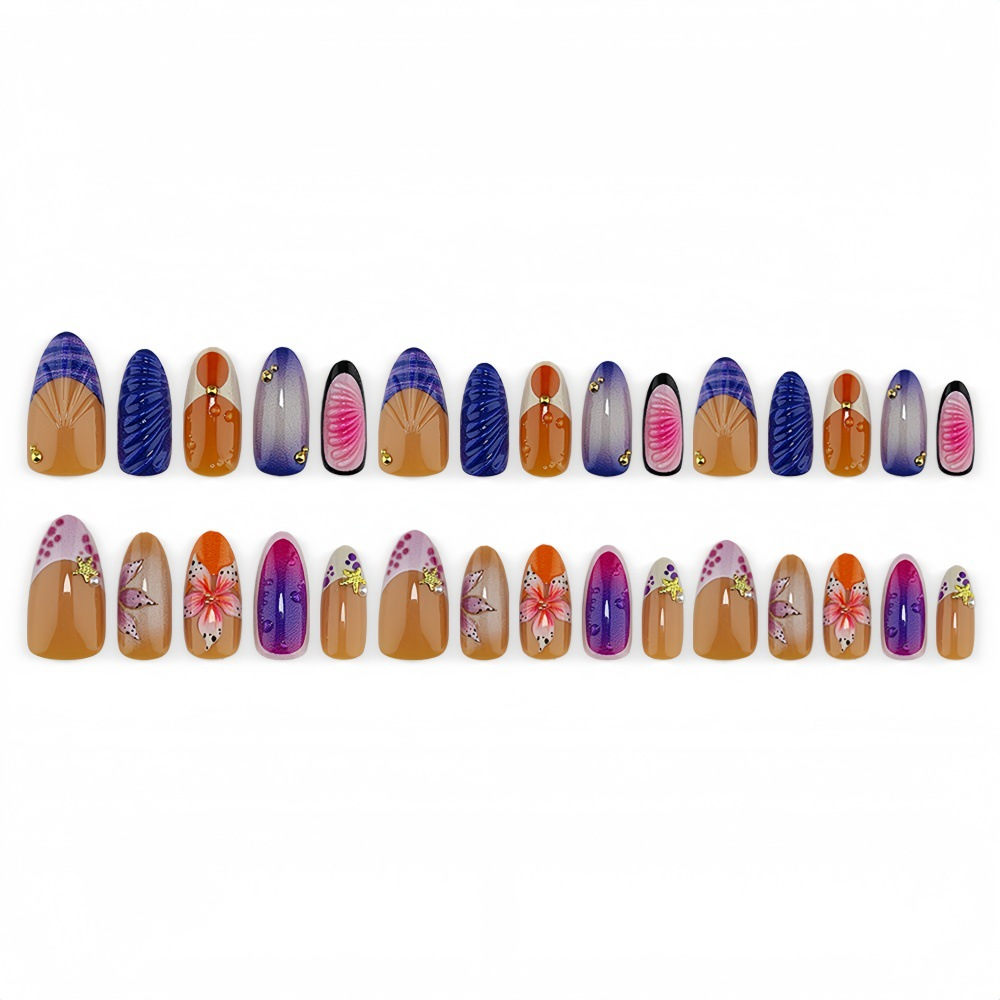 3D Floral Press-On Nails – Retro French Shell Texture Long Almond Ombre Set
