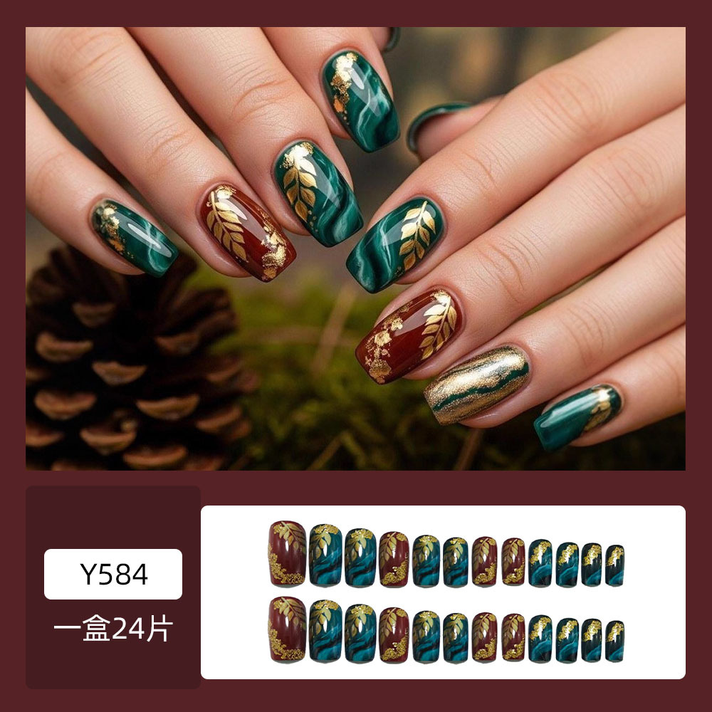 Vintage Gold Leaf Press-On Nails – Green Burgundy Marble Set, 24Pcs Square Fake Nails