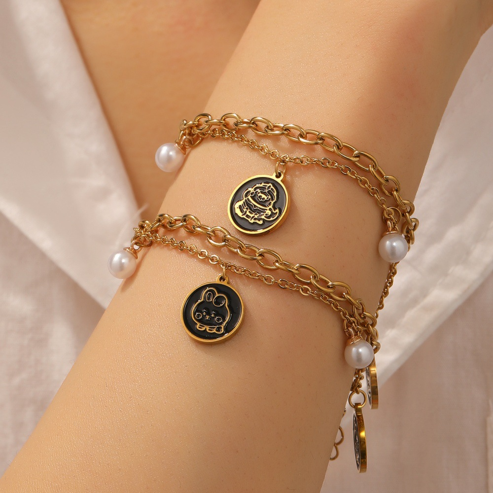 Cartoon Coin Charm Bracelet – Gold Double-Chain with Pearls
