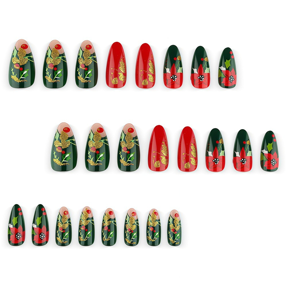 Classic Christmas Press-On Nails – Holly Berry & Gold Foil, 24Pcs Red Green Almond Fake Nails