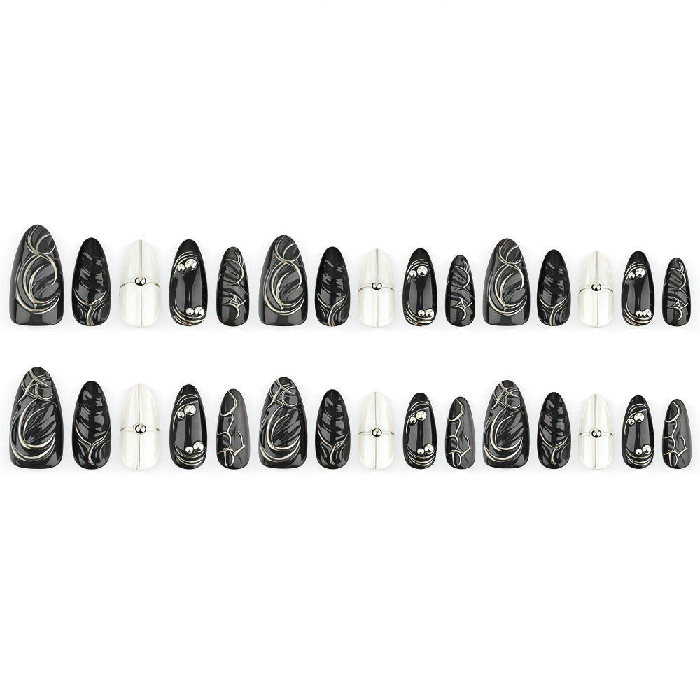 Black Cat-Eye Press-On Nails – 3D Silver Swirl Long Almond Set
