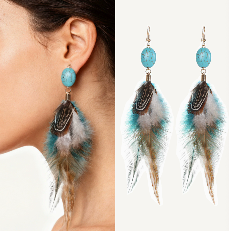 Textured Stone Feather Earrings – Boho Drop Earrings in Black & Lake Blue