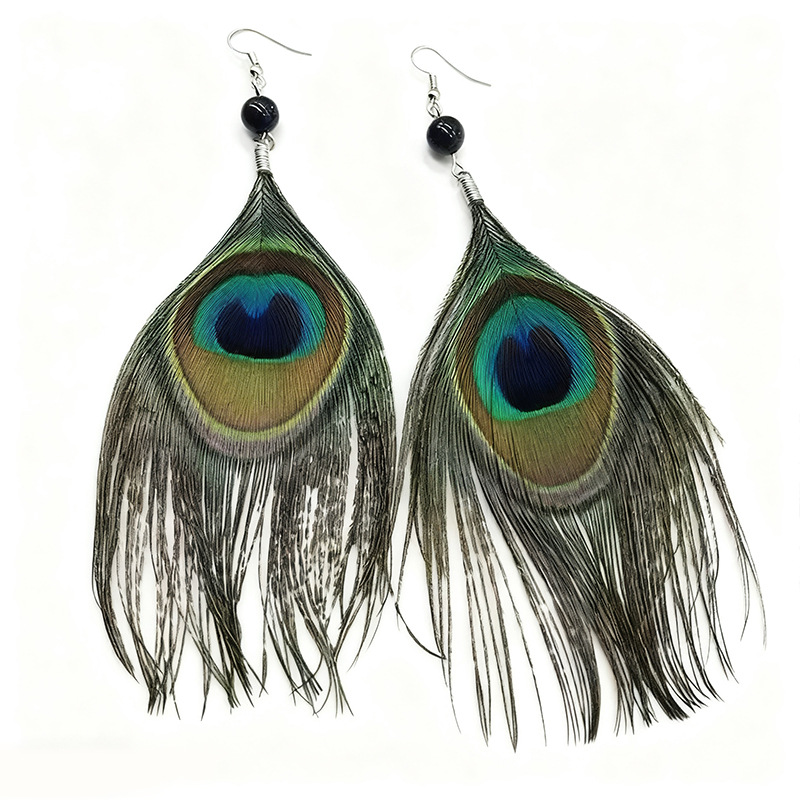 Pair of peacock feather earrings with black decorative beads