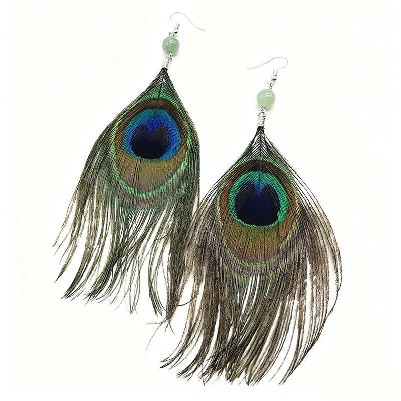 Pair of peacock feather earrings with green decorative beads