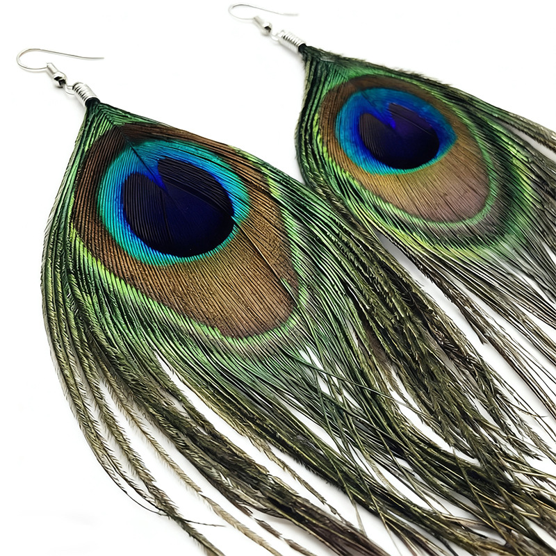 Close-up of peacock feather earrings without beads