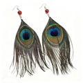 Pair of peacock feather earrings with red decorative beads
