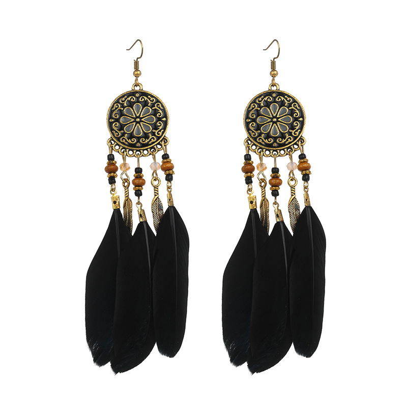 Pair of black floral medallion feather earrings
