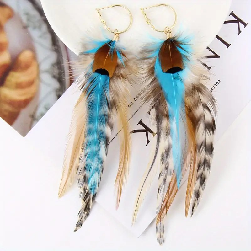 Lake blue feather earrings showing gold-tone hoop fastenings and layered patterned feathers