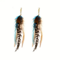 Pair of lake blue and brown feather earrings on gold-tone hoops