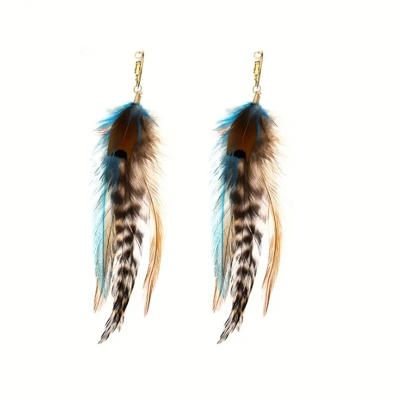 Lake blue and brown feather hoop earrings