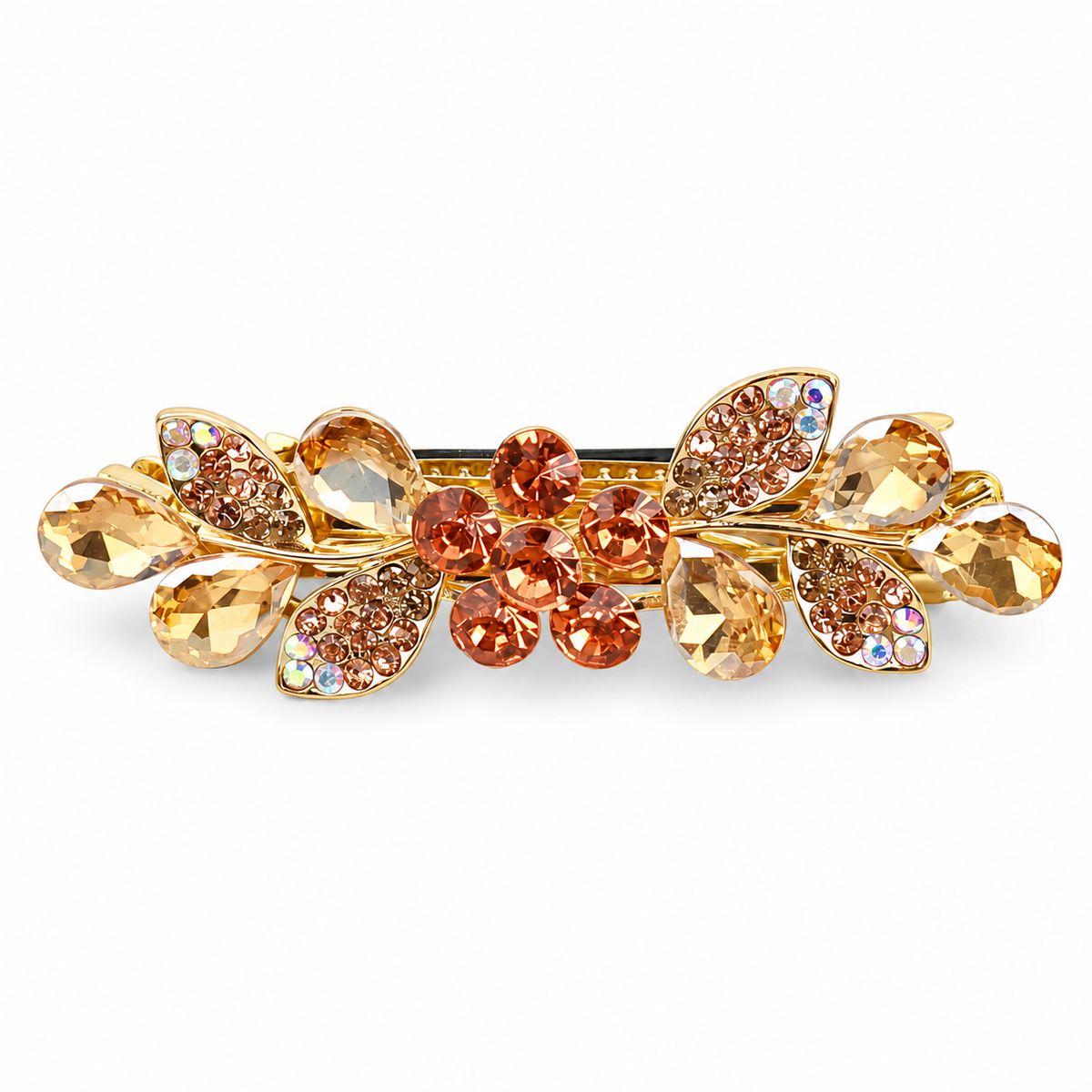 Champagne floral rhinestone leaf hair barrette with a gold-tone setting