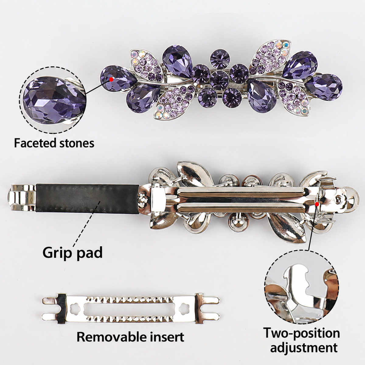 Barrette clasp detail showing the grip pad, removable insert and two-position adjustment
