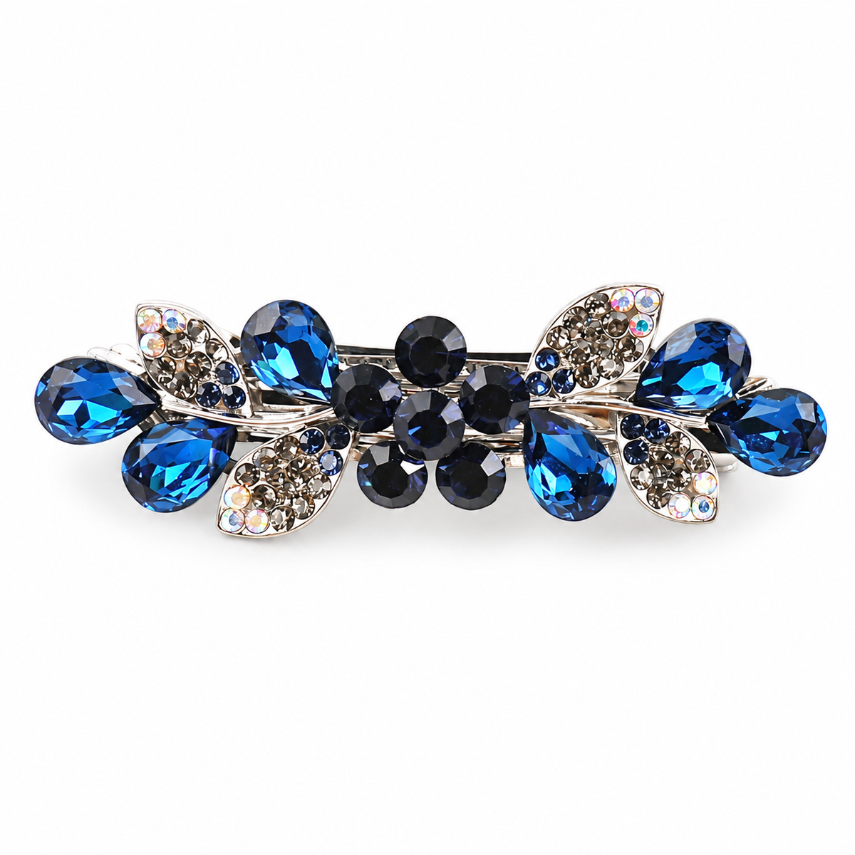 Navy Blue floral rhinestone leaf hair barrette with a silver-tone setting