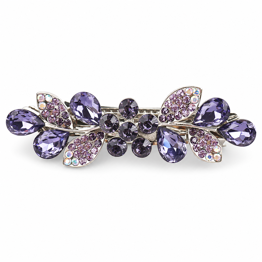 Violet floral rhinestone leaf hair barrette with a silver-tone setting