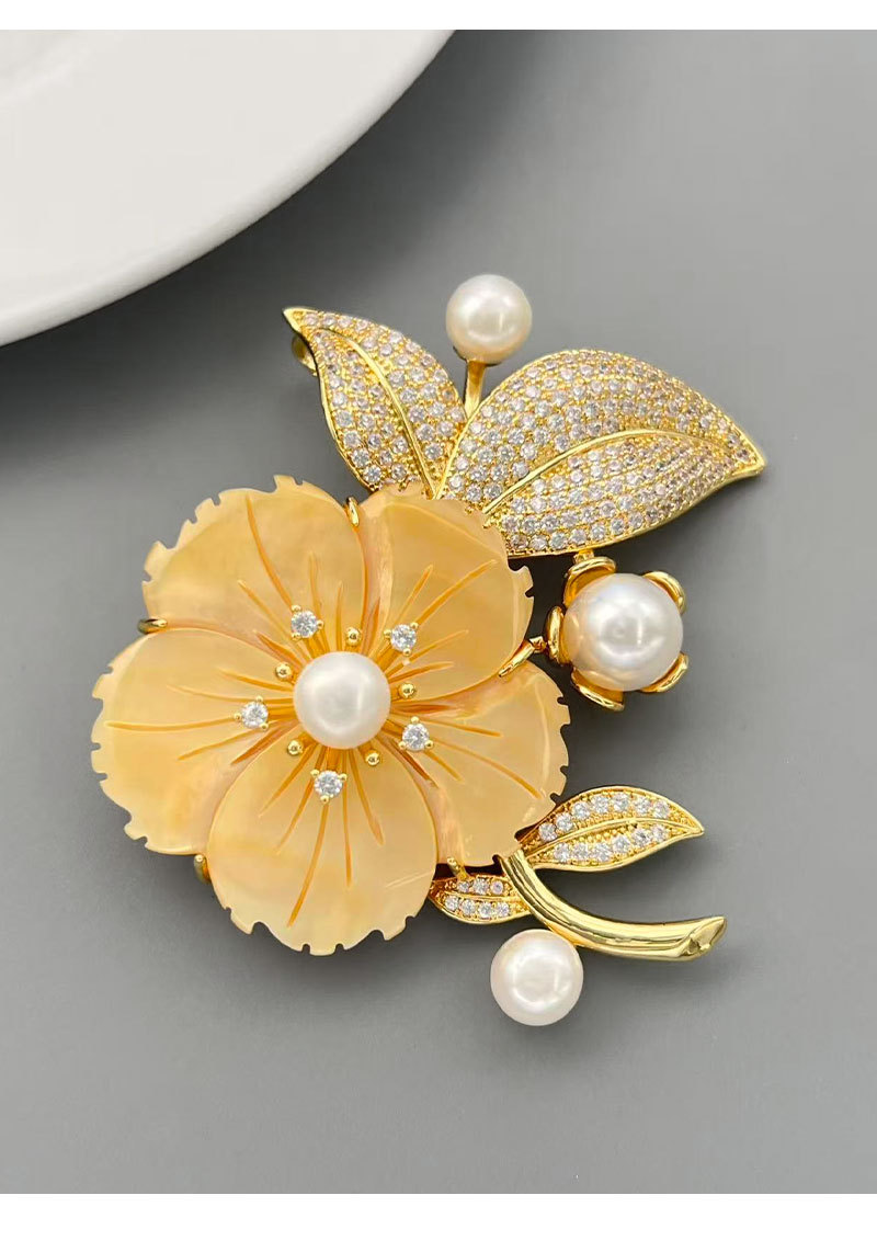 Mother of Pearl Flower Brooch Pin with Freshwater Pearls – Gold-Plated Floral Brooch, Wear as Brooch or Pendant