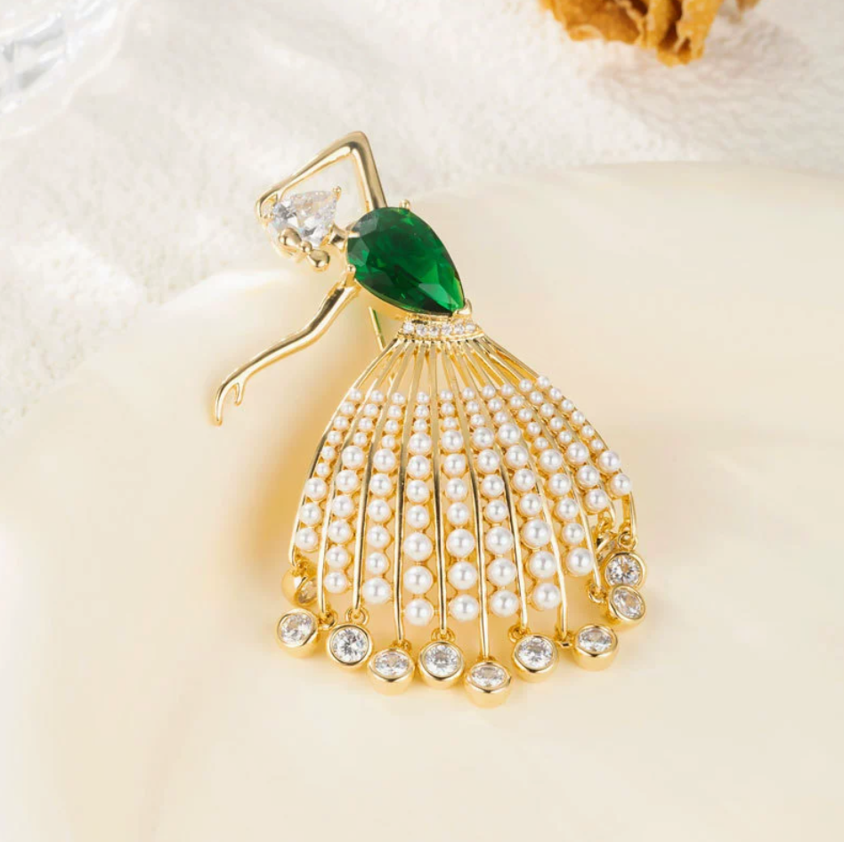 Ballerina Girl Brooch Pin – Pearl Tulle Skirt Dancer Brooch, Elegant Ballet Pin