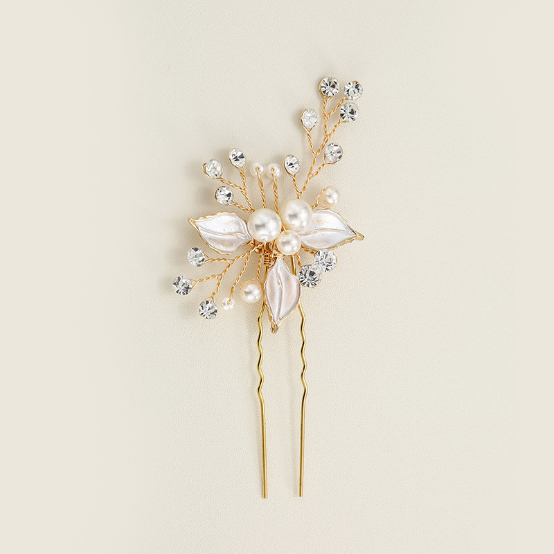 Pearl & Crystal Bridal Hair Pin – Handmade Leaf U-Pin with Rhinestones for Wedding Updos