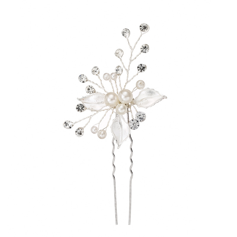 Pearl & Crystal Bridal Hair Pin – Handmade Leaf U-Pin with Rhinestones for Wedding Updos