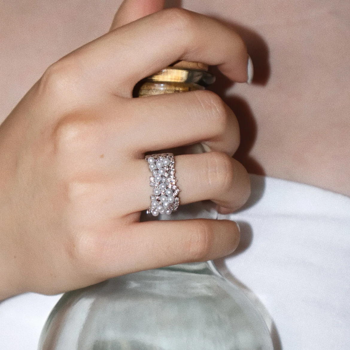 Pearl Cluster Ring – Adjustable Open Band Ring with Zirconia, Silver
