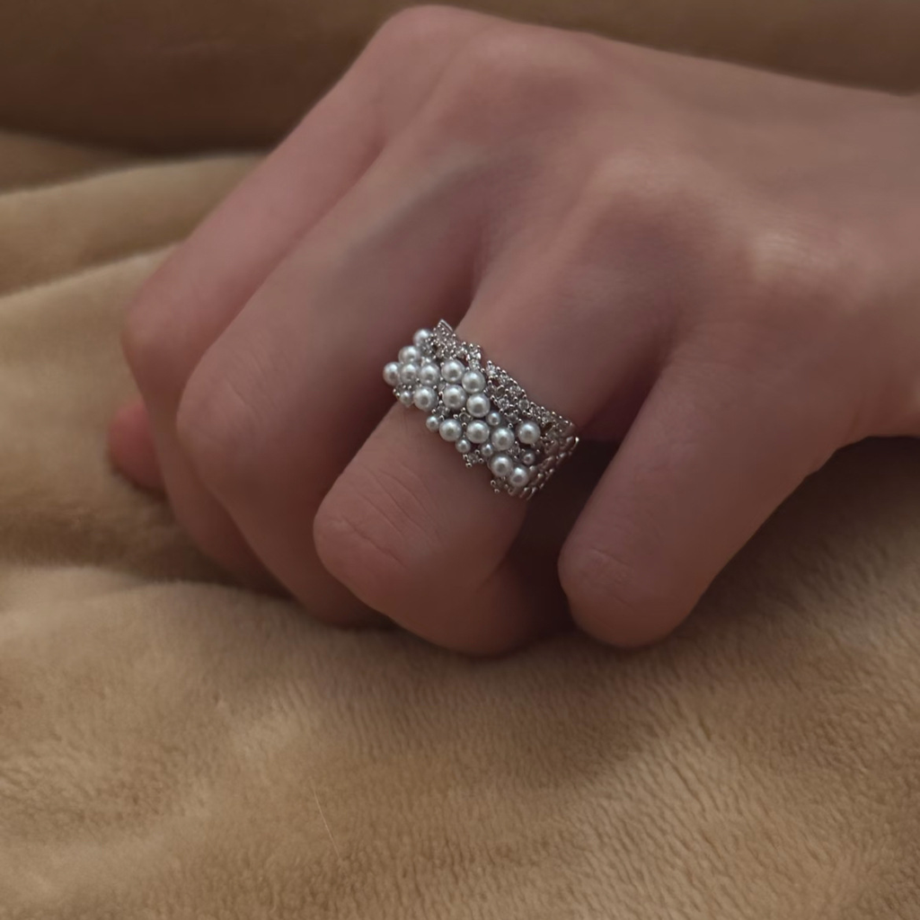 Pearl Cluster Ring – Adjustable Open Band Ring with Zirconia, Silver