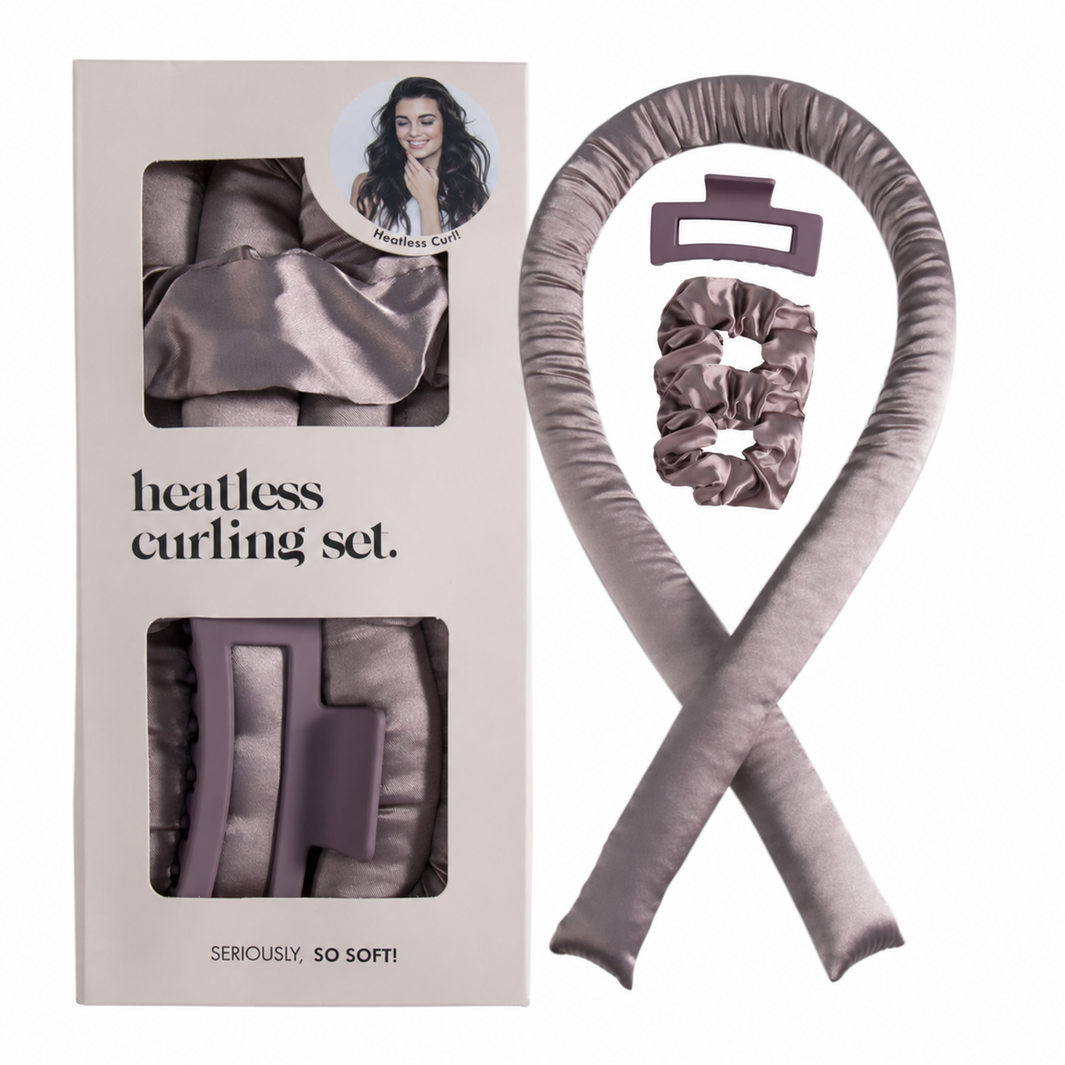 Dark Brown heatless curling set with one rod, two scrunchies, a claw clip and box