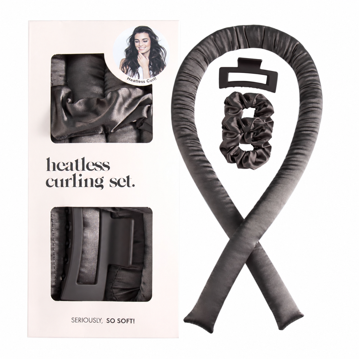 Dark Gray heatless curling set with one rod, two scrunchies, a claw clip and box