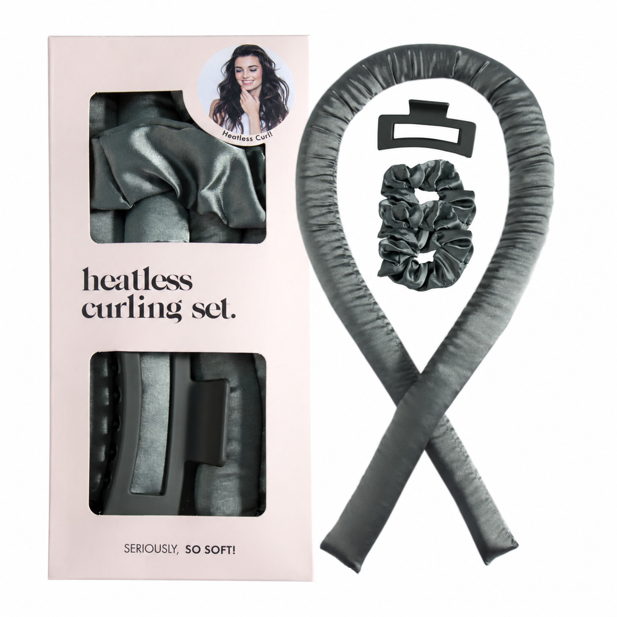Dark Green heatless curling set with one rod, two scrunchies, a claw clip and box