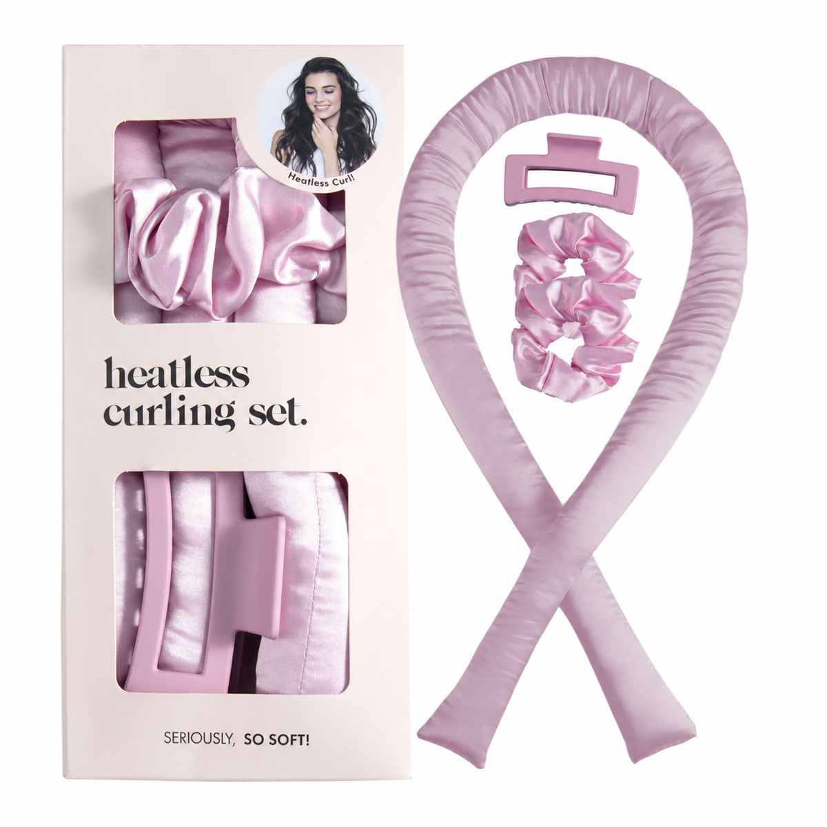Peach Pink heatless curling set with one rod, two scrunchies, a claw clip and box