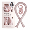 Pink heatless curling set with one rod, two scrunchies, a claw clip and box