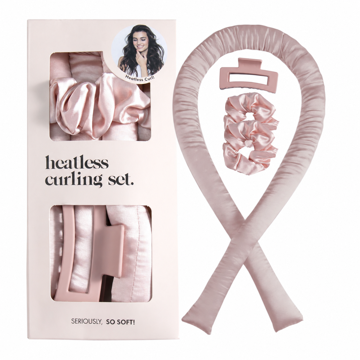 Pink heatless curling set with one rod, two scrunchies, a claw clip and box