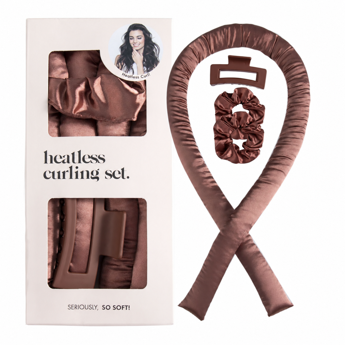 Reddish Brown heatless curling set with one rod, two scrunchies, a claw clip and box