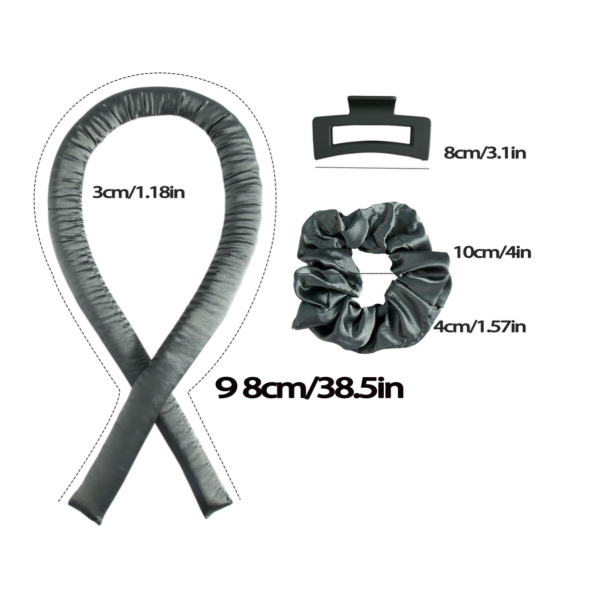 Heatless curling set dimensions: 98 cm rod, 3 cm rod diameter, 8 cm clip and 10 cm scrunchies