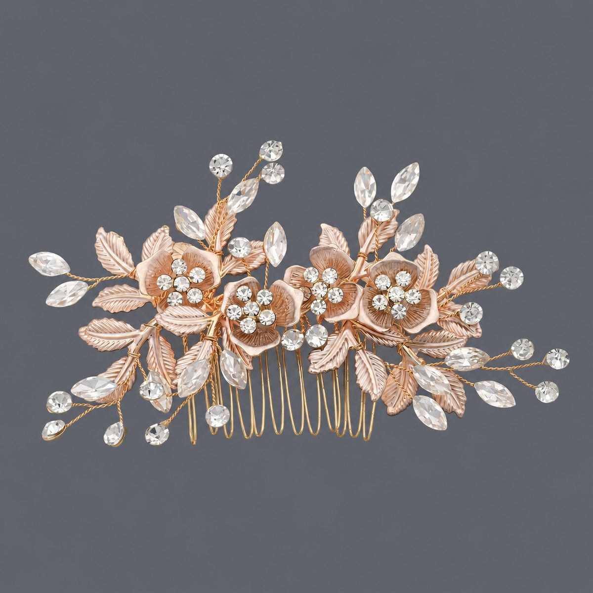 Gold-tone floral hair comb with clear rhinestone branches