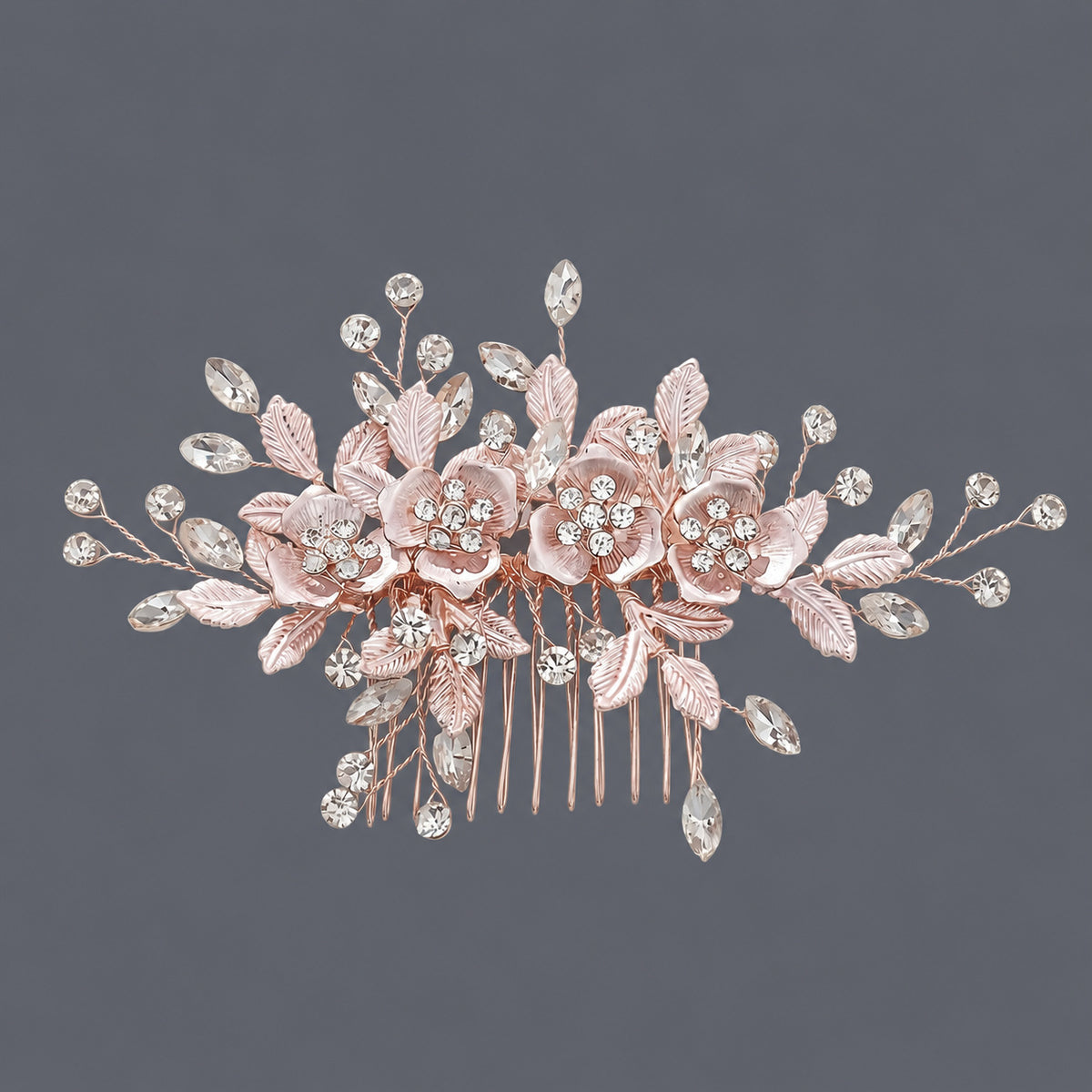 Rose gold-tone floral hair comb with clear rhinestone branches