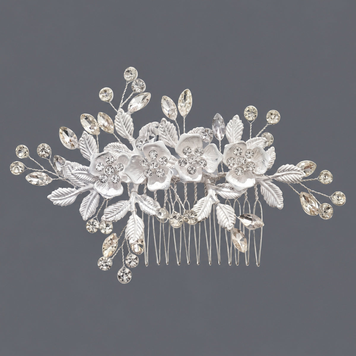 Silver-tone floral hair comb with clear rhinestone branches