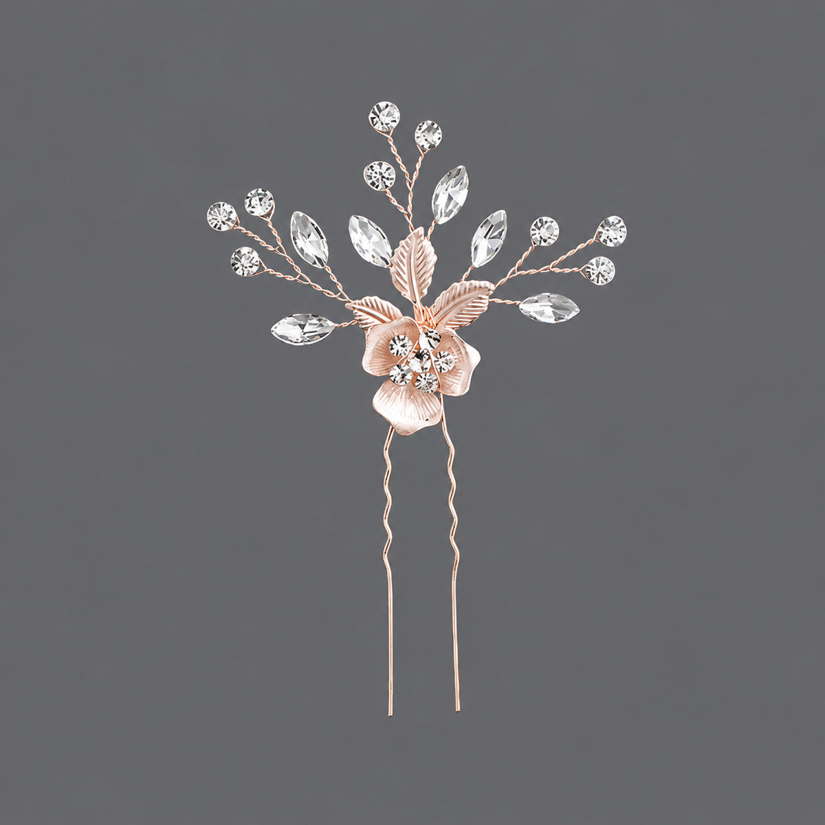 Single rose gold-tone floral U-shaped hair pin with clear rhinestones