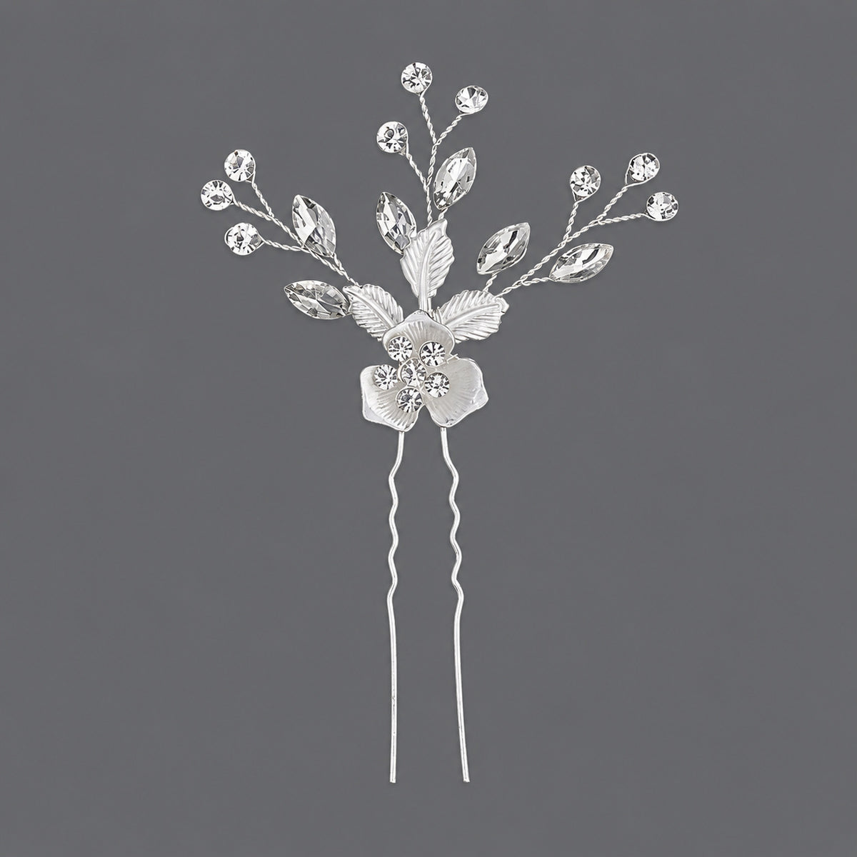 Single silver-tone floral U-shaped hair pin with clear rhinestones