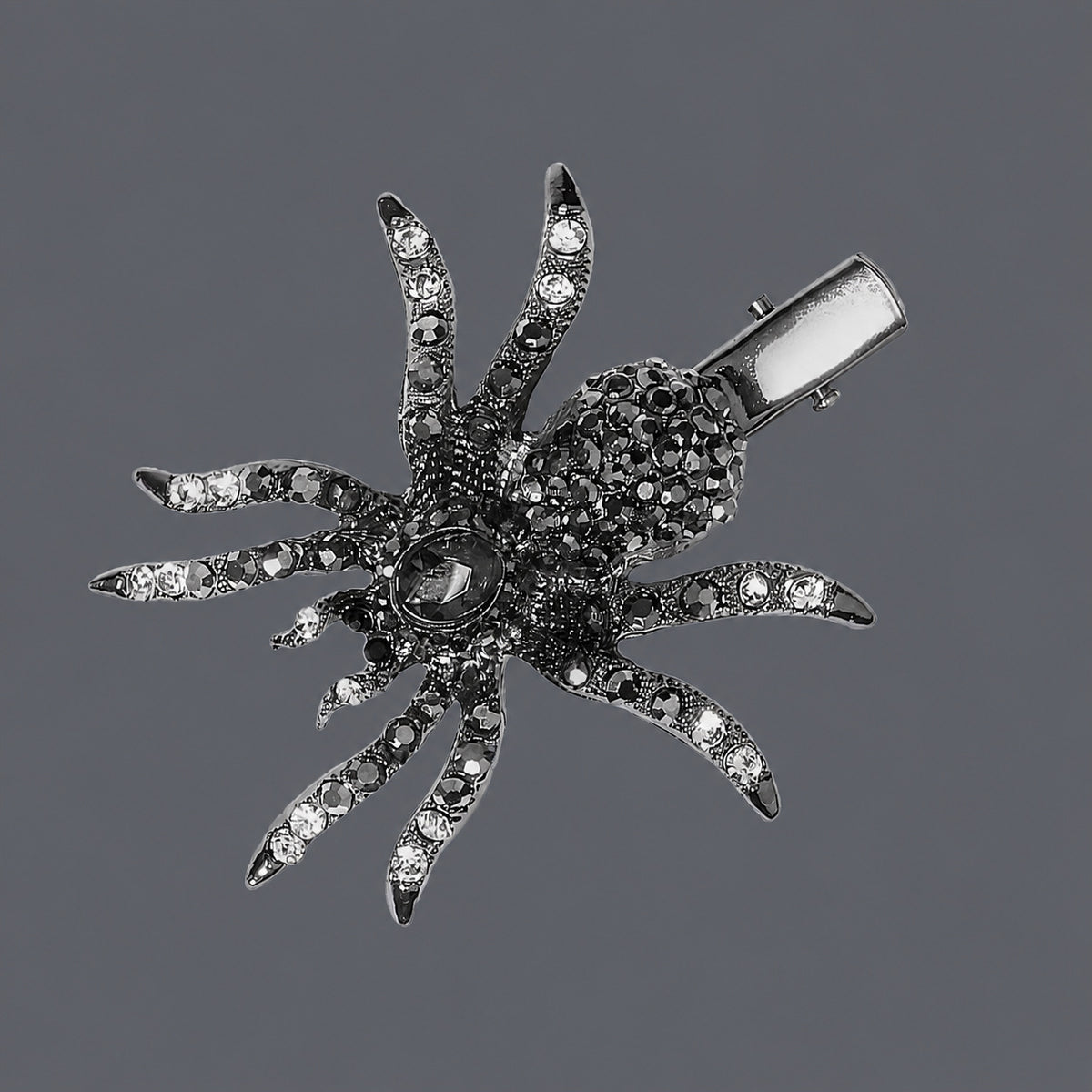 Classic Black Rhinestone Spider Hair Clip on a gray background