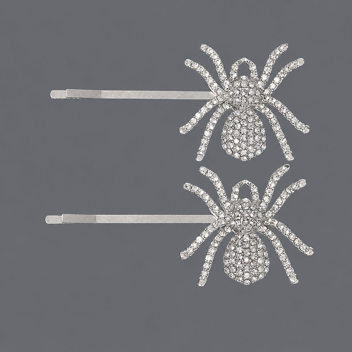 Clear Rhinestone Spider Hair Pins - Set of 2 on a gray background