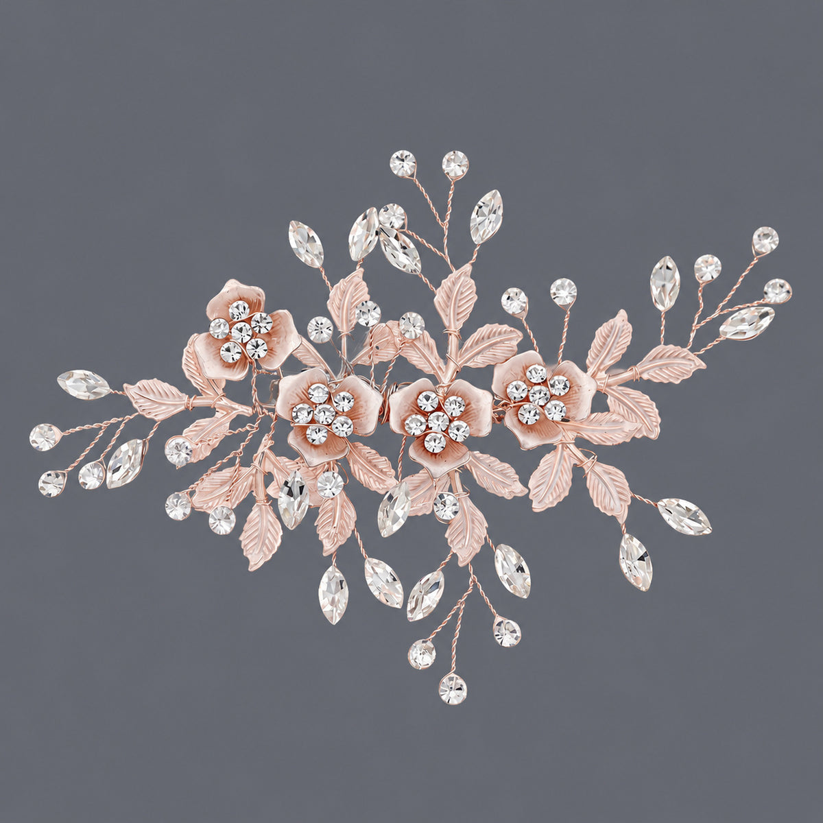 Rose gold-tone floral hair clip with clear rhinestone branches