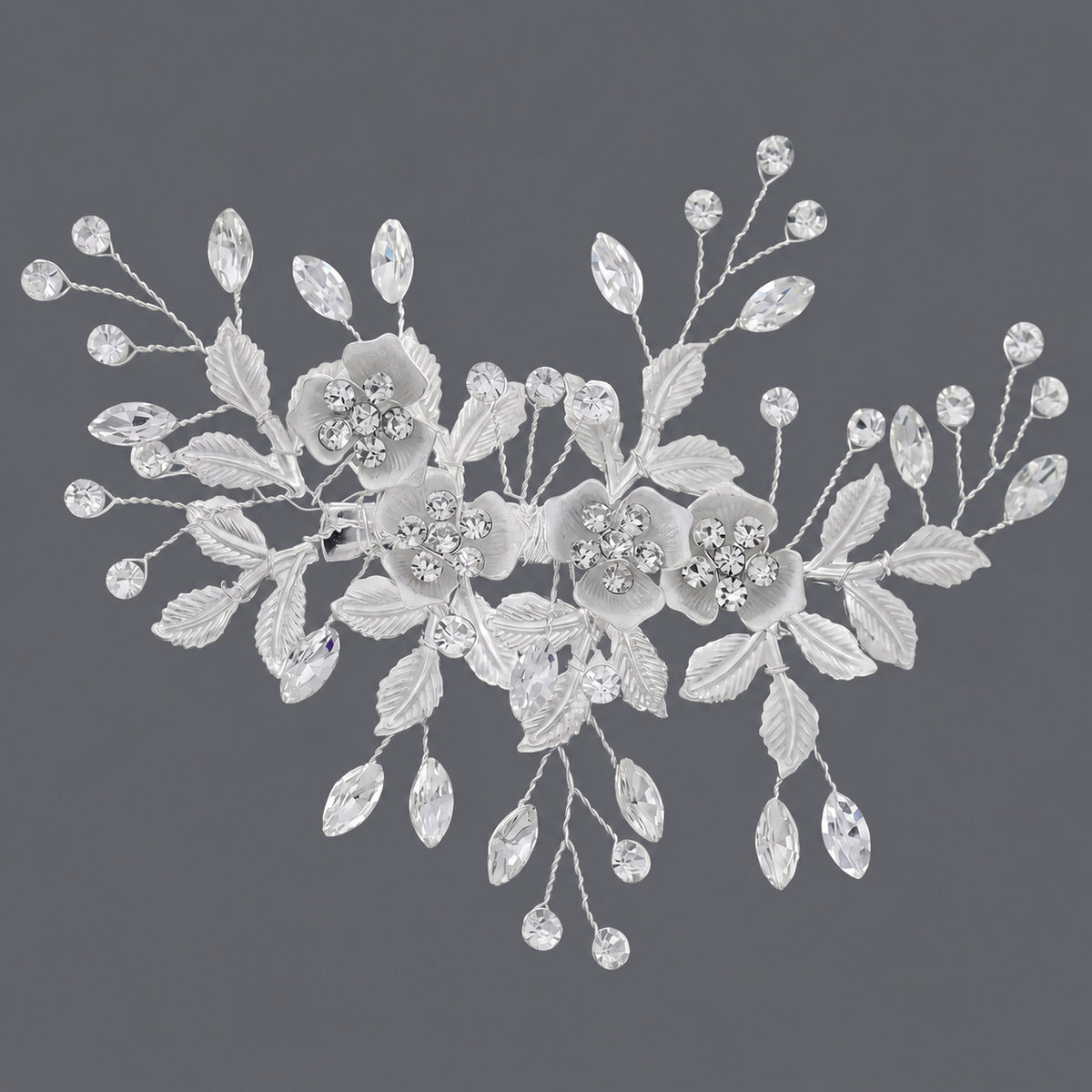Silver-tone floral hair clip with clear rhinestone branches