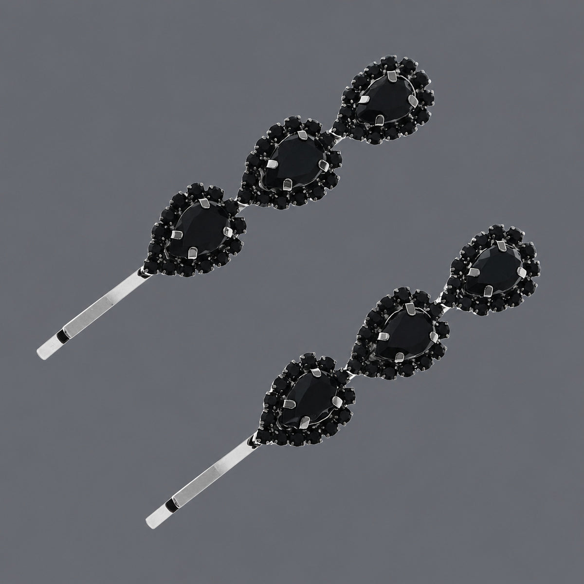 Black Rhinestone Teardrop Hair Pins - Set of 2 on a gray background