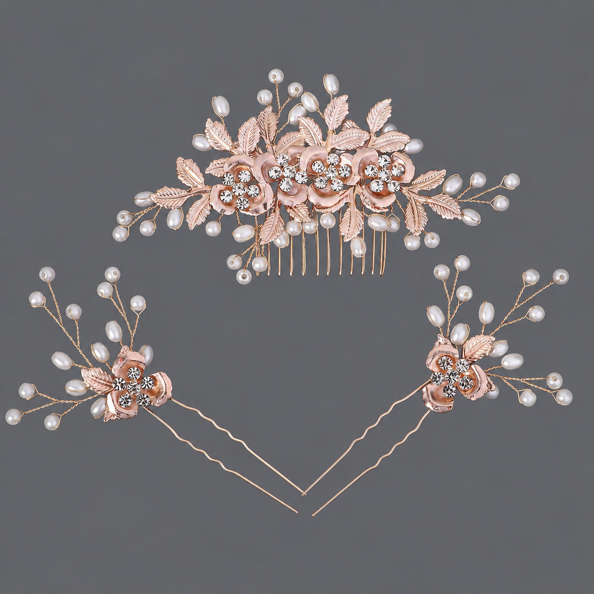 Blush floral three-piece set with pearl-look beads, one comb and two hair pins