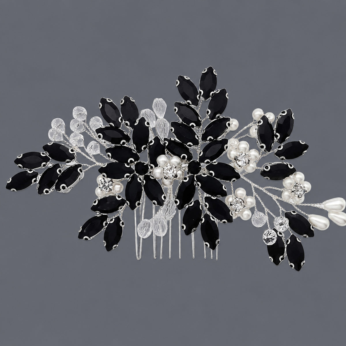Black & Clear Floral Rhinestone Hair Comb on a gray background