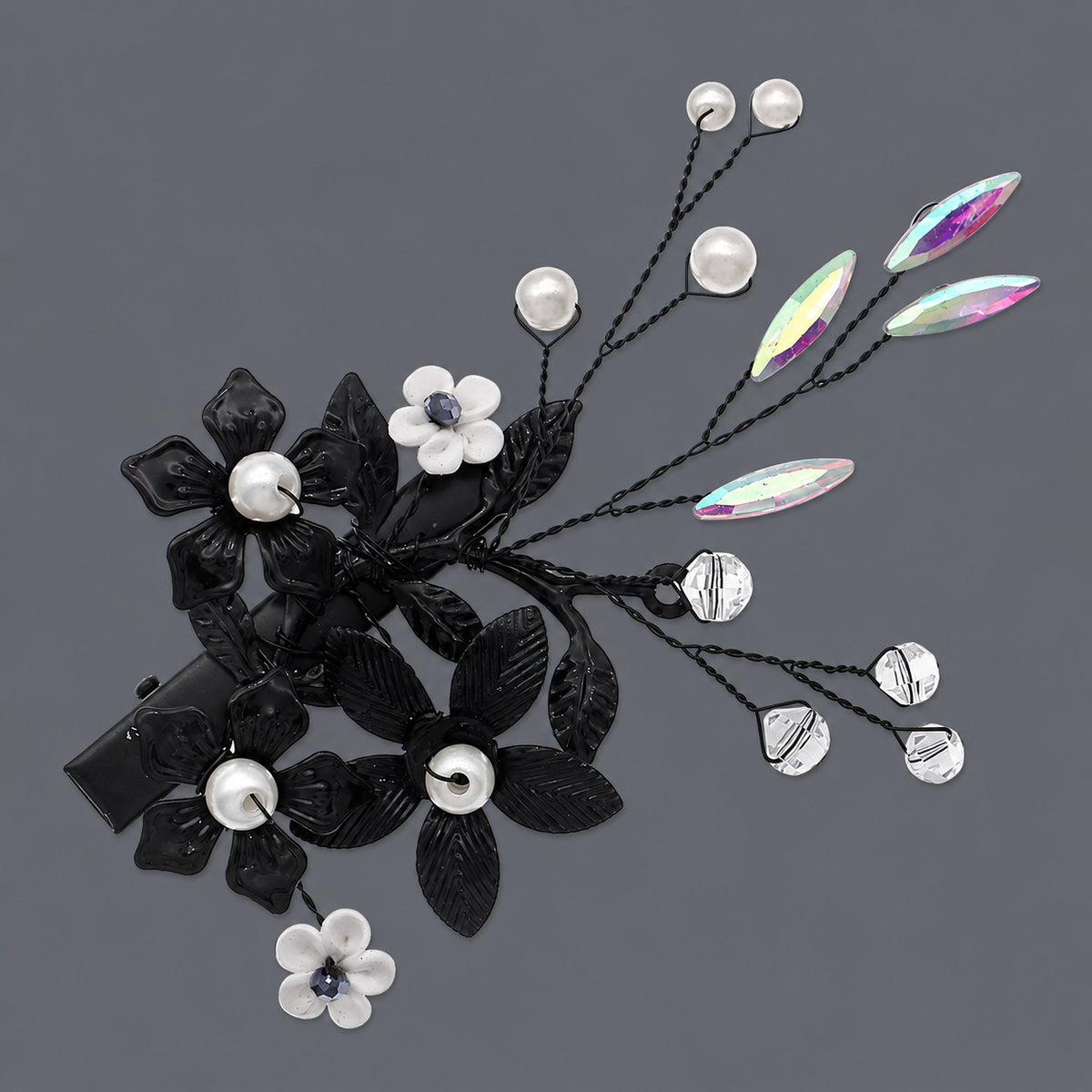 Black Floral Hair Clip with Pearl-Look Beads on a gray background