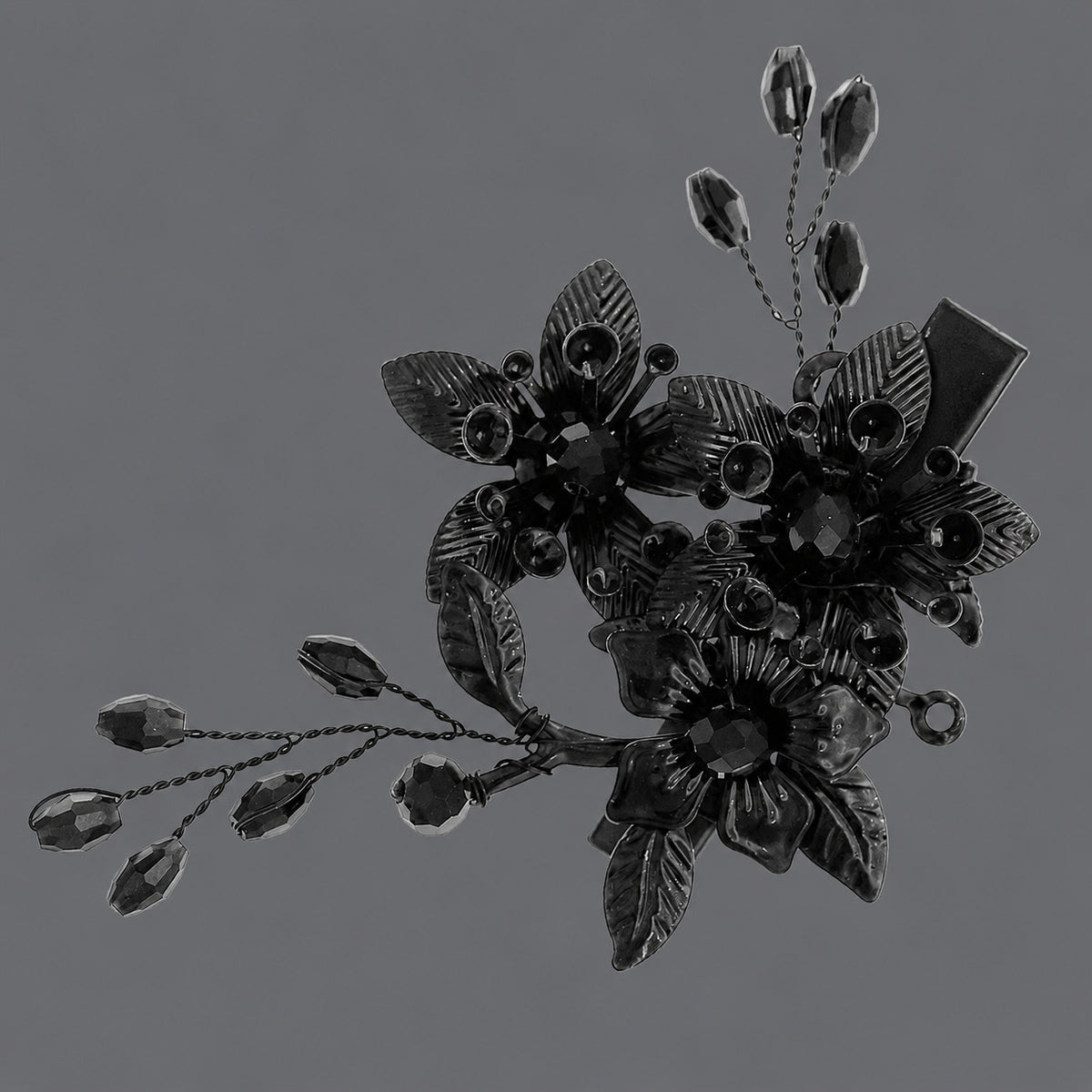 Black Floral Cluster Statement Hair Clip on a gray background
