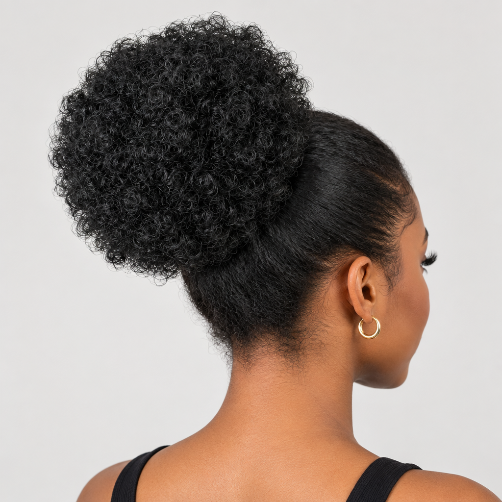 Illustrative styling image of an adult model wearing a 1B black Q9 curly afro puff drawstring bun