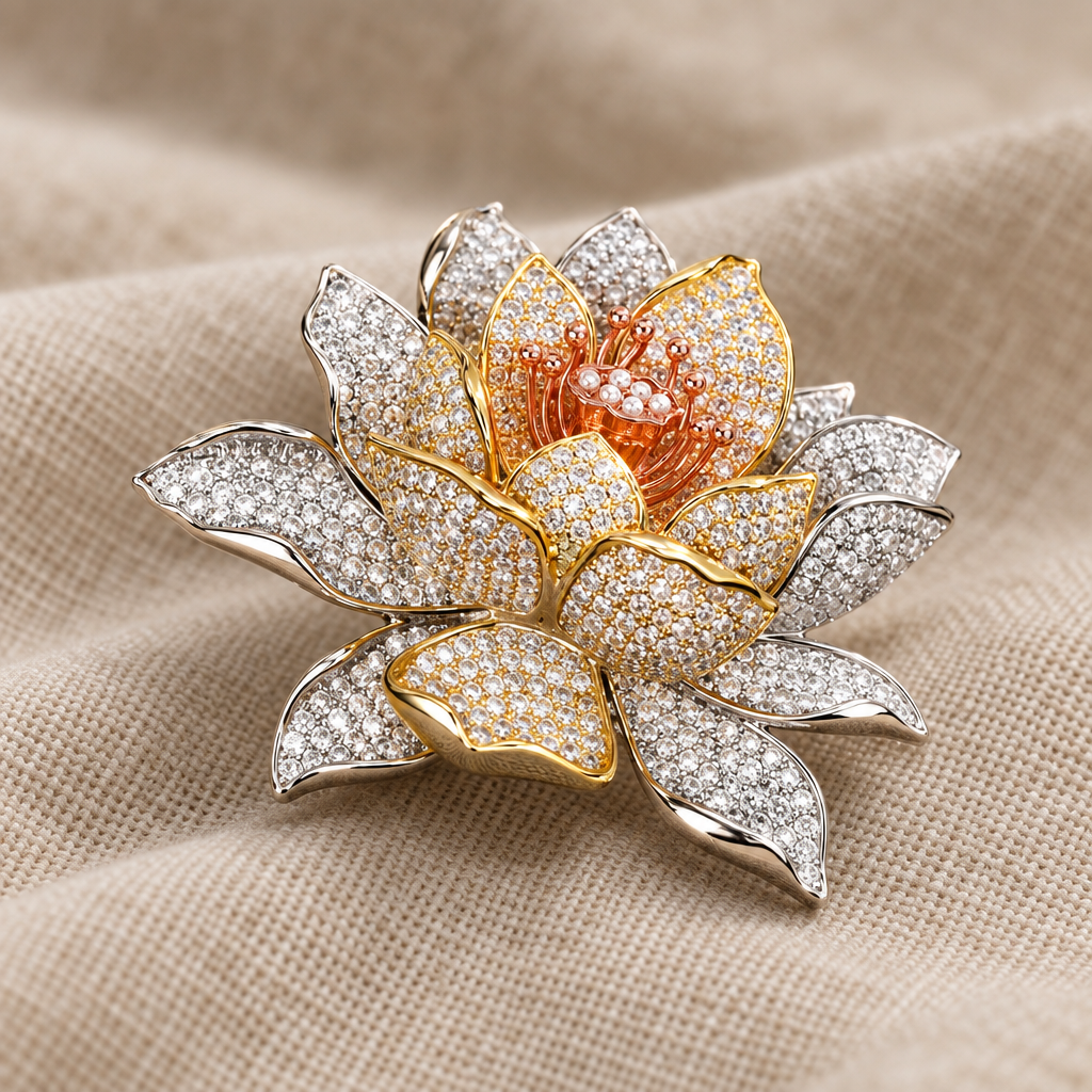 Close-up of tri-tone lotus brooch with cubic zirconia