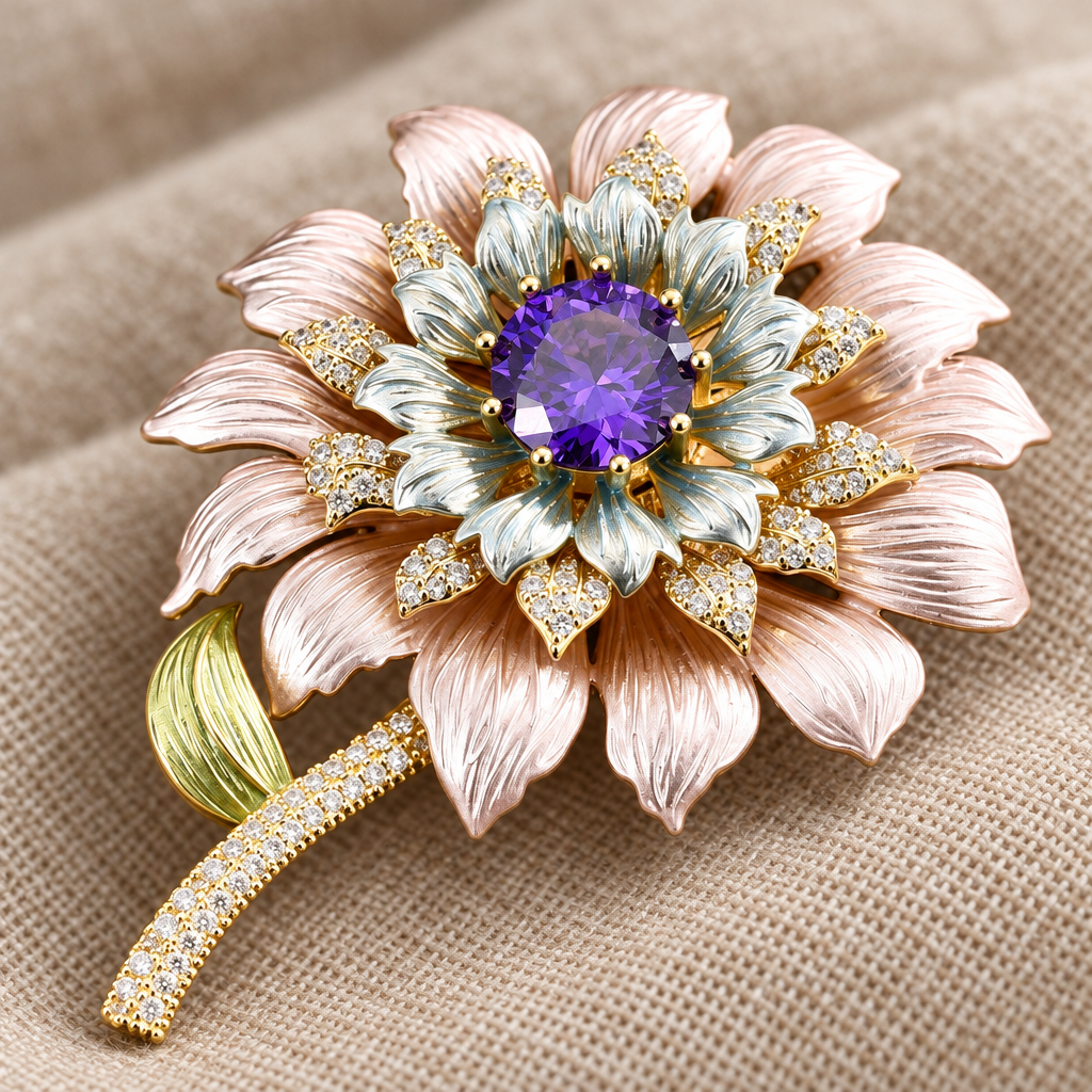 Close-up of pastel enamel flower brooch with purple center